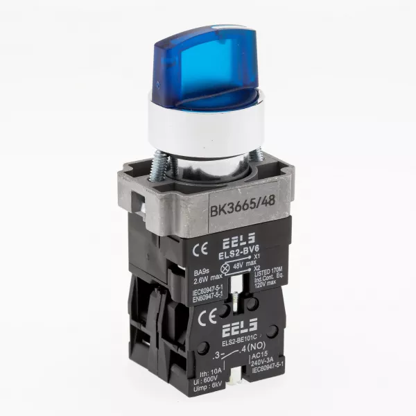 Selector 3 pozitii cu retinere maner iluminat led culoarea albastra 48V DC  ELS2-BK3665 1xNO+1xNC, 3A/240V AC