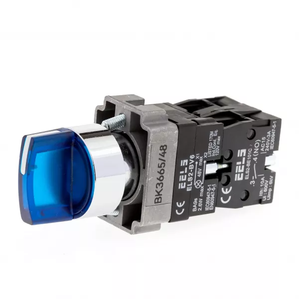 Selector 3 pozitii cu retinere maner iluminat led culoarea albastra 48V DC  ELS2-BK3665 1xNO+1xNC, 3A/240V AC