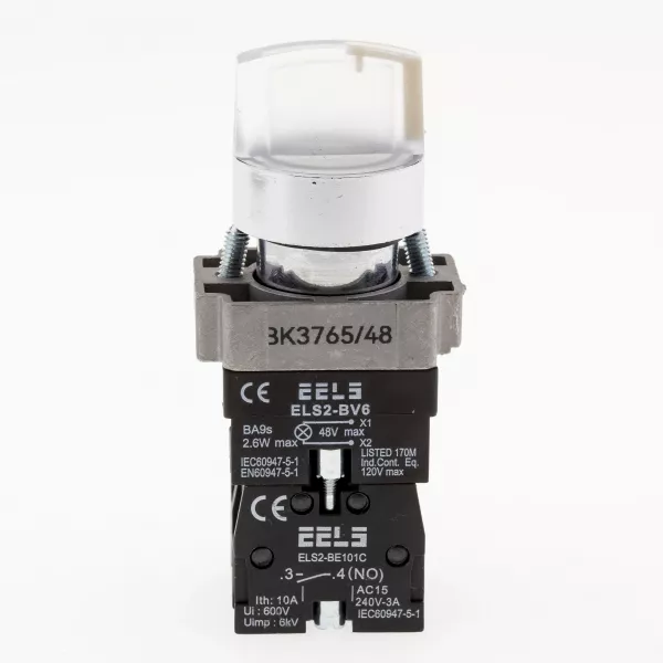 Selector 3 pozitii cu retinere maner iluminat led culoarea alba 48V DC  ELS2-BK3765 1xNO+1xNC, 3A/240V AC