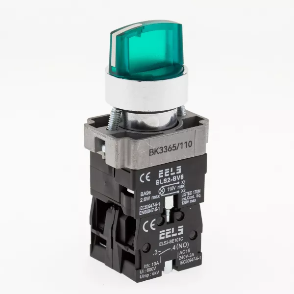 Selector 3 pozitii cu retinere maner iluminat led culoarea verde 110V AC  ELS2-BK3365 1xNO+1xNC, 3A/240V AC