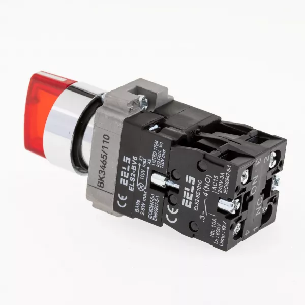 Selector 3 pozitii cu retinere maner iluminat led culoarea rosie 110V AC  ELS2-BK3465 1xNO+1xNC, 3A/240V AC