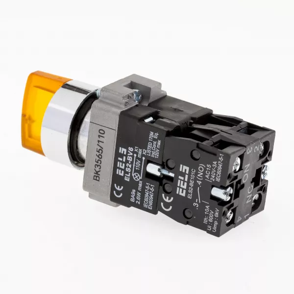 Selector 3 pozitii cu retinere maner iluminat led culoarea galbena 110V AC  ELS2-BK3565 1xNO+1xNC, 3A/240V AC