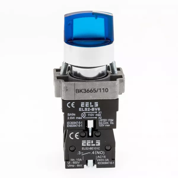 Selector 3 pozitii cu retinere maner iluminat led culoarea albastra 110V AC  ELS2-BK3665 1xNO+1xNC, 3A/240V AC