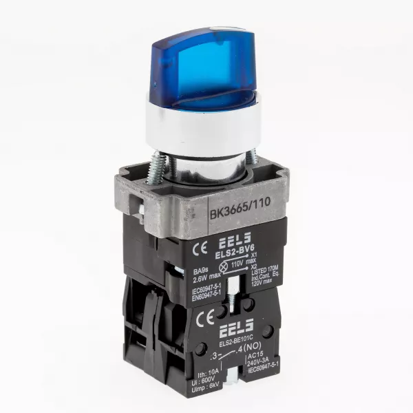 Selector 3 pozitii cu retinere maner iluminat led culoarea albastra 110V AC  ELS2-BK3665 1xNO+1xNC, 3A/240V AC