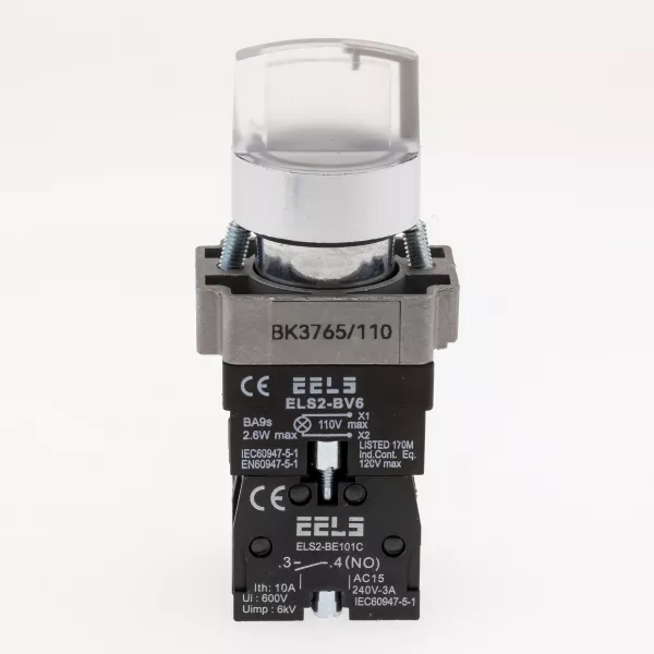 Selector 3 pozitii cu retinere maner iluminat led culoarea alba 110V AC  ELS2-BK3765 1xNO+1xNC, 3A/240V AC
