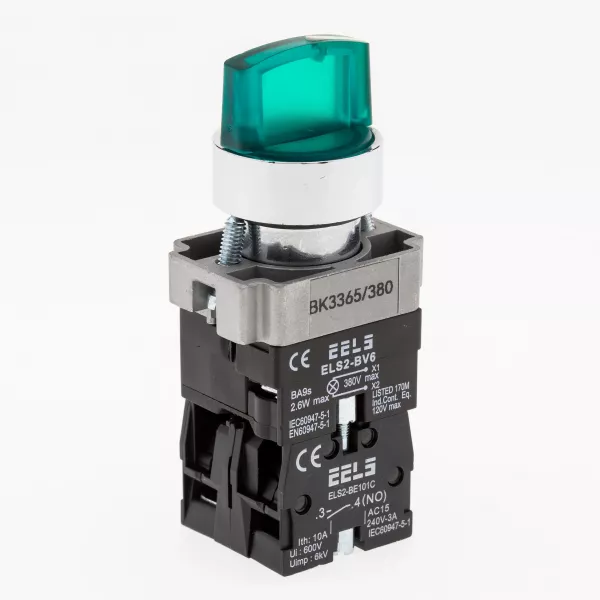 Selector 3 pozitii cu retinere maner iluminat led culoarea verde 380V AC  ELS2-BK3365 1xNO+1xNC, 3A/240V AC