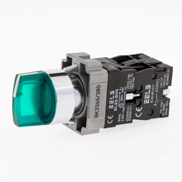 Selector 3 pozitii cu retinere maner iluminat led culoarea verde 380V AC  ELS2-BK3365 1xNO+1xNC, 3A/240V AC