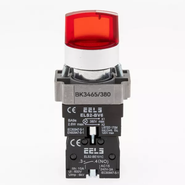 Selector 3 pozitii cu retinere maner iluminat led culoarea rosie 380V AC  ELS2-BK3465 1xNO+1xNC, 3A/240V AC