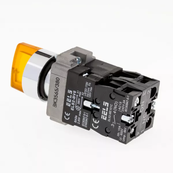 Selector 3 pozitii cu retinere maner iluminat led culoarea galbena 380V AC  ELS2-BK3565 1xNO+1xNC, 3A/240V AC
