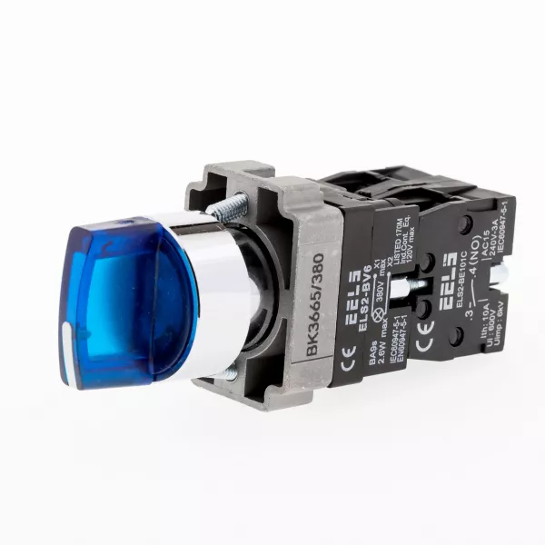 Selector 3 pozitii cu retinere maner iluminat led culoarea albastra 380V AC  ELS2-BK3665 1xNO+1xNC, 3A/240V AC