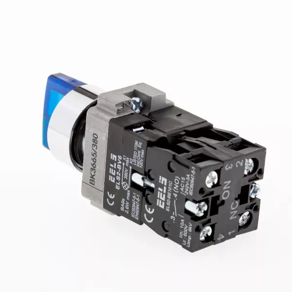 Selector 3 pozitii cu retinere maner iluminat led culoarea albastra 380V AC  ELS2-BK3665 1xNO+1xNC, 3A/240V AC
