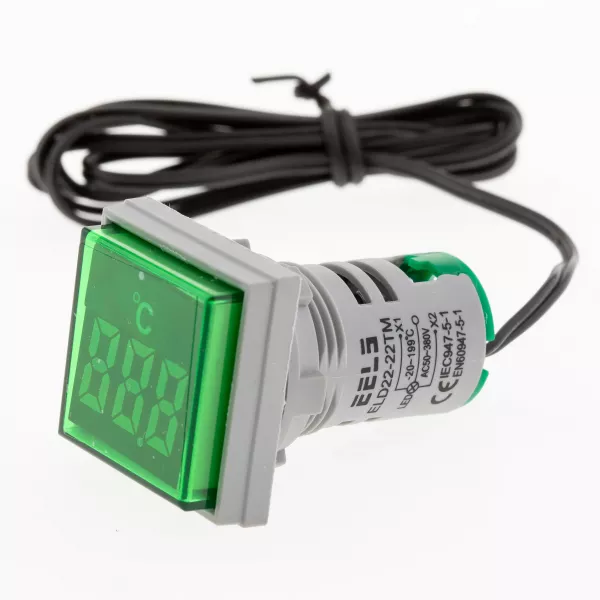 Termometru digital patrat Ø22mm ELD22-22TMs -20°C ~ +199°C verde