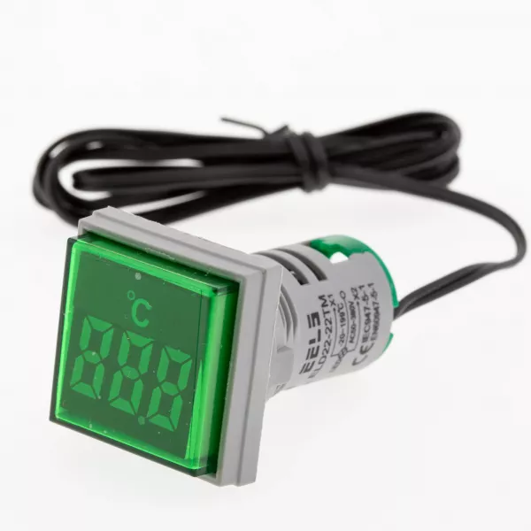 Termometru digital patrat Ø22mm ELD22-22TMs -20°C ~ +199°C verde