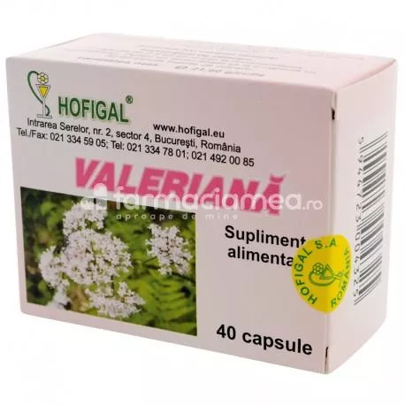 Valeriana pentru stres, reduce starile de nervozitate, iritabilitate, teama, neliniste, anxietate si induce un somn linistitor, 40 capsule, Hofigal