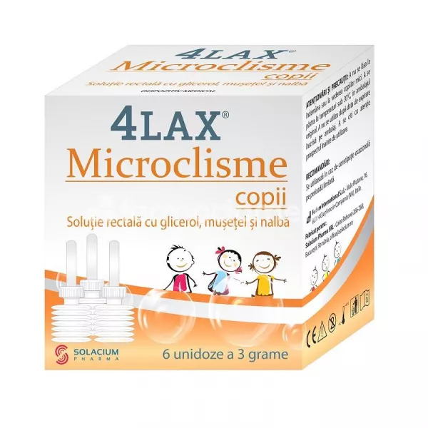 4Lax microclisme copii, in caz de constipatie ocazionala sau cronica, 6 unidoze, de la varsta de 2 ani, Solacium Pharma