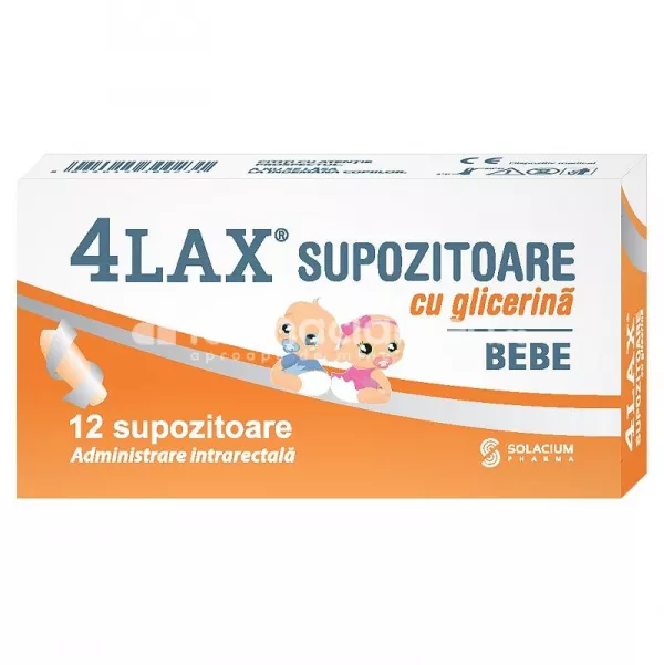4Lax supozitoare cu glicerina bebelusi, pentru constipatie ocazionala sau cronica,12 bucati, Solacium Pharma