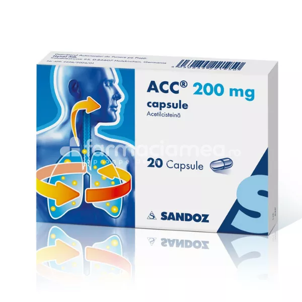 Acc 200 mg, contine acetilcisteina, indicat in tuse productiva, de la 6 ani, 20 capsule, Sandoz