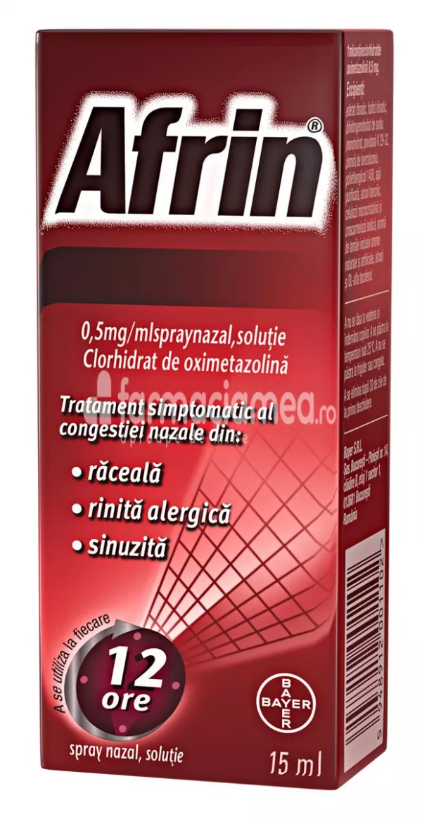 Afrin 0,5mg/ml spray pentru nas infundat, conține clorhidrat de oximetazolină, indicat in raceala si rinita alergica, de la 6 ani, flacon 15 ml, Bayer