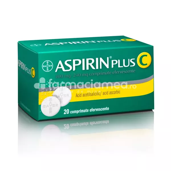 Aspirin plus C, contine acid acetilsalicilic si Vitamina C, cu efect amalgezic, antiiflamator si antipiretic, indicat  in durere, febra si raceala, de la 16 ani, 20 comprimate efervescente, Bayer