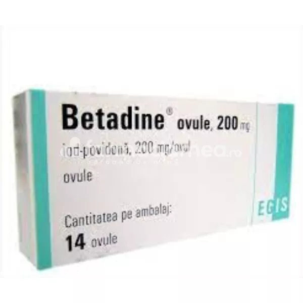 Betadine 200 mg ovule, contin iod povidona, antiseptic cu spectru larg, indicat in tratamentul vaginitelor acute si cronice datorate infectiilor mixte, infectiilor nespecifice, 14 ovule, Egis