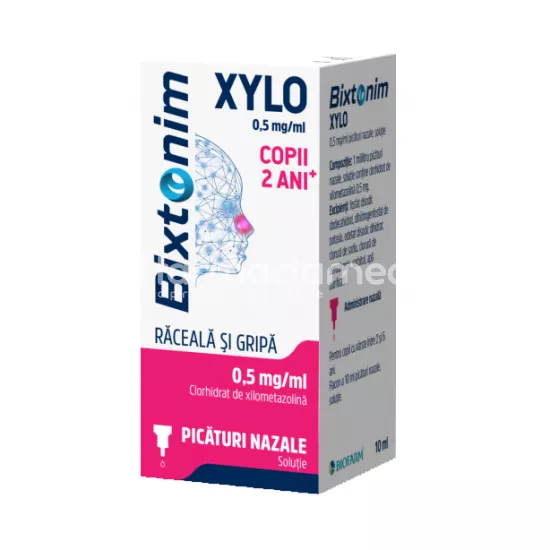 Bixtonim Xylo 0,5mg/ml picaturi, contine clorhidrat de xilometazolina, cu efect decongestionant, indicat in nas infundat, rinite, edem postoperator, de la 2 ani, 10 ml, Biofarm