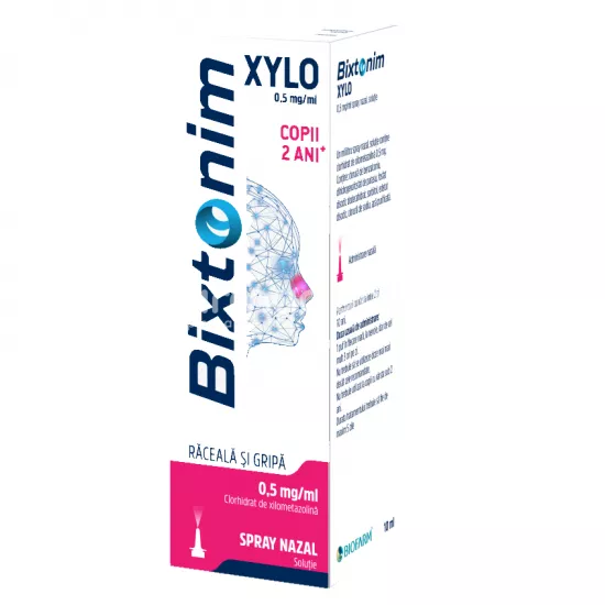 Bixtonim Xylo 0,5mg/ml spray, contine clorhidrat de xilometazolina, cu efect decongestionant, indicat in nas infundat, rinite, edem postoperator, de la 2 ani, 10 ml, Biofarm, [],farmaciamea.ro