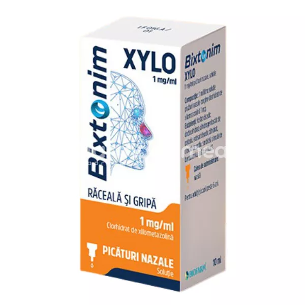 Bixtonim Xylo 1mg/ml picaturi, contine clorhidrat de xilometazolina, cu efect decongestionant, indicat in nas infundat, rinite, edem postoperator, de la 6 ani, 10 ml, Biofarm