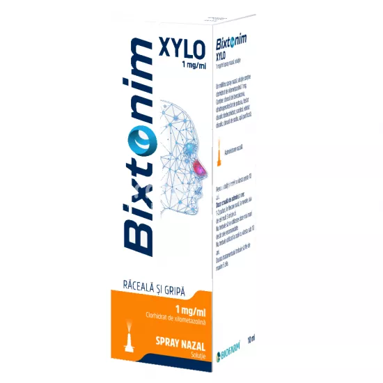 Bixtonim Xylo 1mg/ml spray, contine clorhidrat de xilometazolina, cu efect decongestionant, indicat in nas infundat, rinite, edem postoperator, de la 6 ani, 10 ml, Biofarm, [],farmaciamea.ro