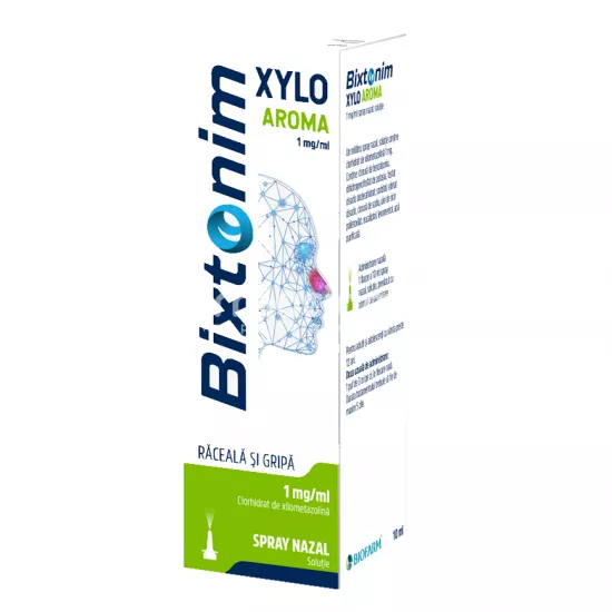 Bixtonim Xylo Aroma 1mg/ml spray, contine clorhidrat de xilometazolina, aroma de menta si eucalipt, cu efect decongestionant, indicat in nas infundat, rinite, edem postoperator, de la 12 ani, 10 ml, Biofarm