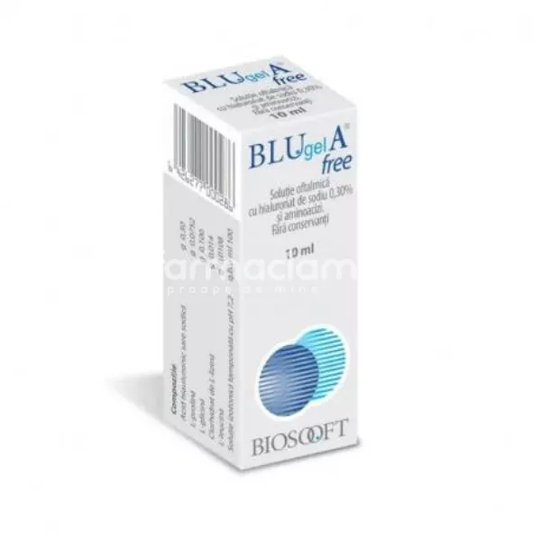 Blu Gel A Free 0,3% solutie oftalmica care protejeaza, umidifica si lubrifiaza suprafata ochiului, 10ml, Biosooft