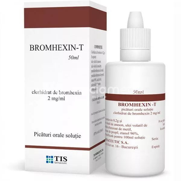 Bromhexin-T 2 mg/ml picaturi orale solutie,  indicat ca fluidifiant al secretiilor bronsice in cursul afectiunilor bronho-pulmonare insotite de secretii vascoase, 50ml, Tis Farmaceutic