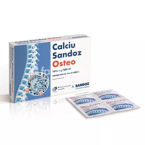 Calciu Osteo 1000 mg, complex de calciu si vitamina D3, indicat in osteoporoza si oase fragile, 30 comprimate masticabile, Sandoz