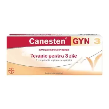Canesten Gyn 3 200 mg, contine clotrimazol, indicat in tratamentul infectiilor vaginale, candidoza vaginala, 3 comprimate vaginale si aplicator, Bayer
