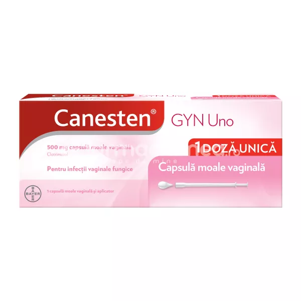 Canesten Gyn Uno 500 mg, contine clotrimazol, indicat in tratamentul infectiilor vaginale, candidoza vaginala, doza unica, 1 comprimat vaginal, Bayer, [],farmaciamea.ro