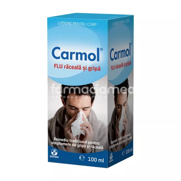 Carmol Flu lotiune pentru frectie, indicat in raceala si gripa, 100 ml, Biofarm, [],farmaciamea.ro