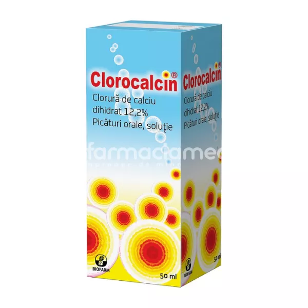 Clorocalcin solutie, contine clorura de calciu dihidrat, indicat in boli ale sistemului osos, flacon 50 ml, Biofarm