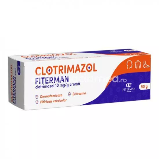 Clotrimazol 10 mg/g crema, cu efect antimicotic, indicat in tratamentul micozelor cutanate si mucoaselor, tub 50g, Fiterman Pharma, [],farmaciamea.ro