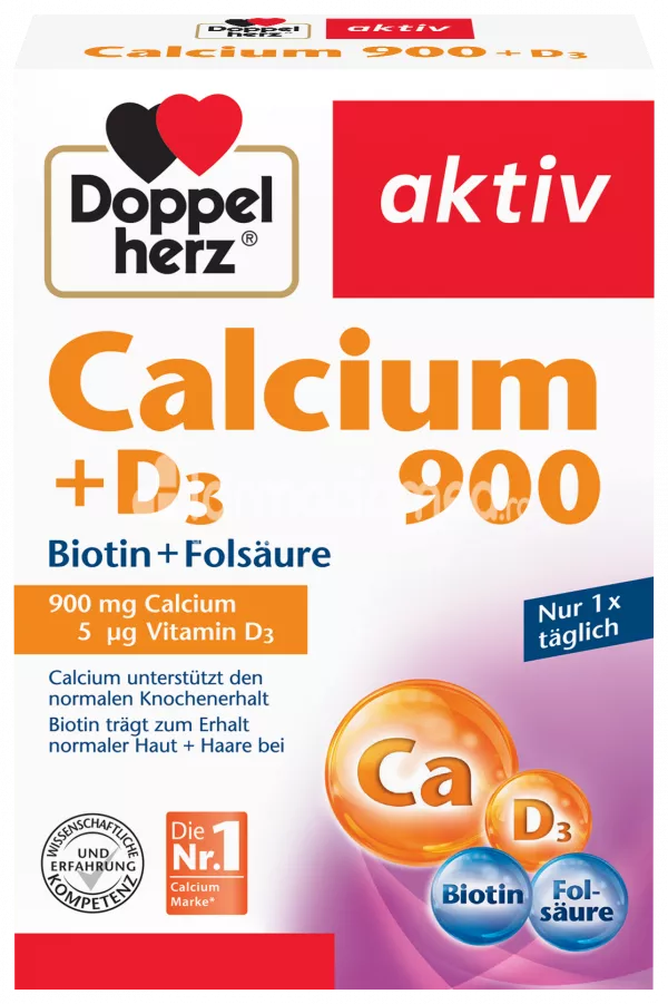 Calciu 900 mg  Vitamina D3 Biotină Acid folic supliment pentru mentinerea sanatatii oaselor, dintilor si a parului, 30 comprimate, Doppelherz
