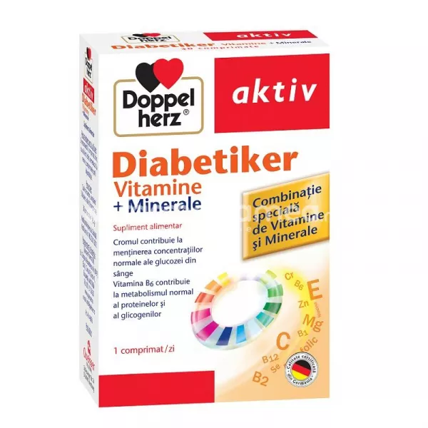 Diabetiker vitamine + minerale supliment special pentru diabet, contribuie la mentinerea concentratiei normale a glucozei din sange, 30 comprimate, Doppelherz