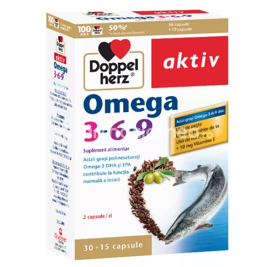 Omega 3-6-9, sustine imunitatea, ajuta la scaderea colesterolului, efect antioxidant, 30 capsule + 15 capsule gratuit, Doppelherz