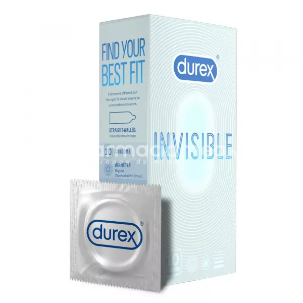 DUREX prezervativ Invisible, fabricate din latex subtire, ajuta ambii parteneri sa aiba o senzatie cat mai naturala in timpul actului sexual, 10buc, Reckitt, [],farmaciamea.ro