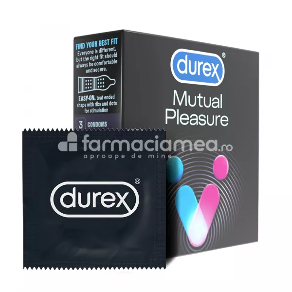 DUREX prezervativ Mutual Pleasure, cu nervuri si puncte in relief pentru stimulare suplimentara, lubrifiate cu lubrifiant special Performa care ajuta la intarzierea ejacularii, 3buc, Reckitt, [],farmaciamea.ro
