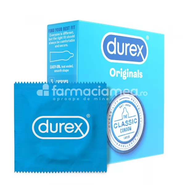 DUREX prezervativ Originals, cu lubrifiant din silicon pentru o experienta mai placuta in timpul actului sexual, 3buc, Reckitt