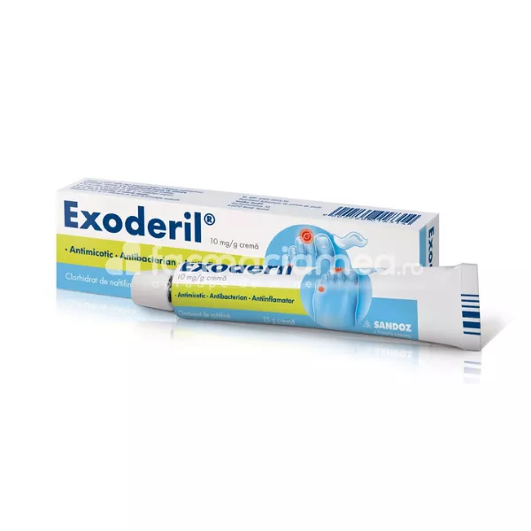 Exoderil 10 mg/g crema, contine naftifina, indicat in ciuperca piciorului, infectii micotice, tub 15 g, Sandoz, [],farmaciamea.ro