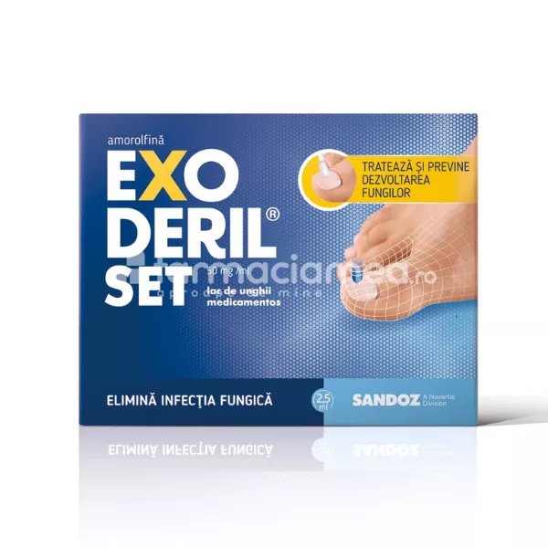 Exoderil Set 50 mg/ml lac unghii medicamentos, contine amorolfina, indicat in ciuperca piciorului, infectii micotice, flacon 2,5 ml, Sandoz