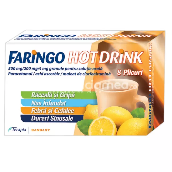 Faringo Hot Drink, contine paracetamol, maleat de clorfeniramina si vitamina C, cu efect analgezic si antipiretic, indicat in raceala si gripa, de la 15 ani, 8 plicuri, Terapia, [],farmaciamea.ro