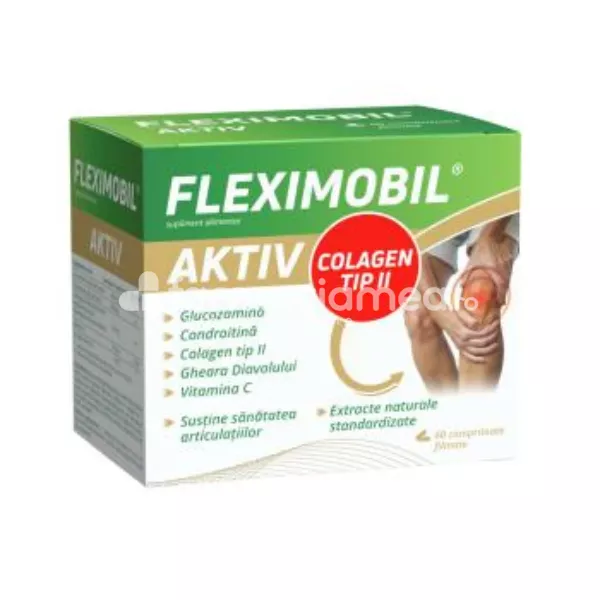 Fleximobil Aktiv, contine glucozamina, condroitina si colagen, pentru articulatii, creste flexibilitatea si imbunatateste sanatatea articulatiilor, 60 capsule, Fiterman Pharma