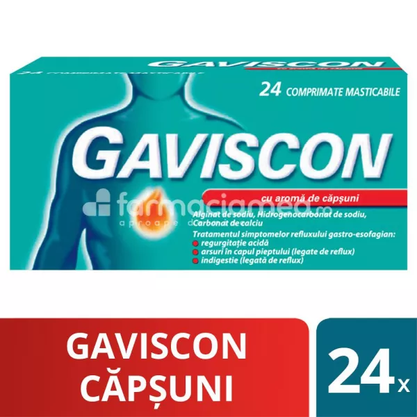 Gaviscon capsuni, contine alginat de sodiu, hidrogenocarbonat de sodiu si carbonat de calciu, indicat in reflux gastroesofagian, de la 12 ani, 24 de comprimate masticabile, Reckitt