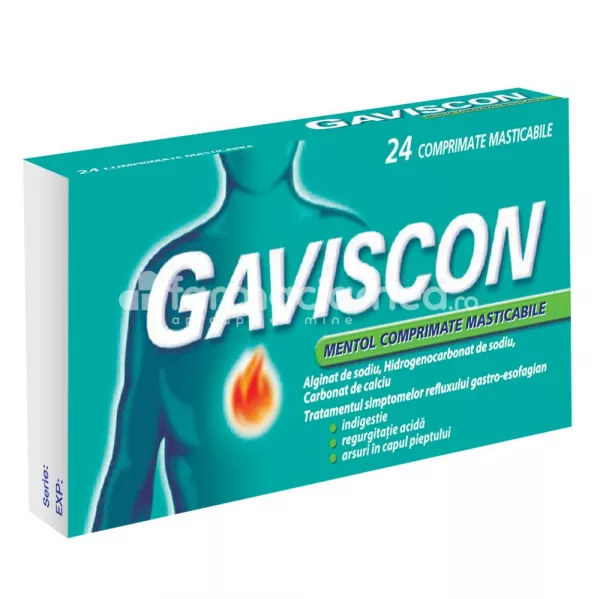 Gaviscon mentol, contine alginat de sodiu, hidrogenocarbonat de sodiu si carbonat de calciu, indicat in reflux gastroesofagian, de la 12 ani, 24 de comprimate masticabile, Reckitt