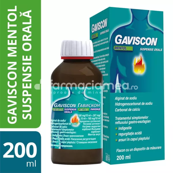 Gaviscon mentol suspensie orala, contine alginat de sodiu, hidrogenocarbonat de sodiu si carbonat de calciu, indicat in reflux gastroesofagian, de la 12 ani, flacon 200 ml, Reckitt